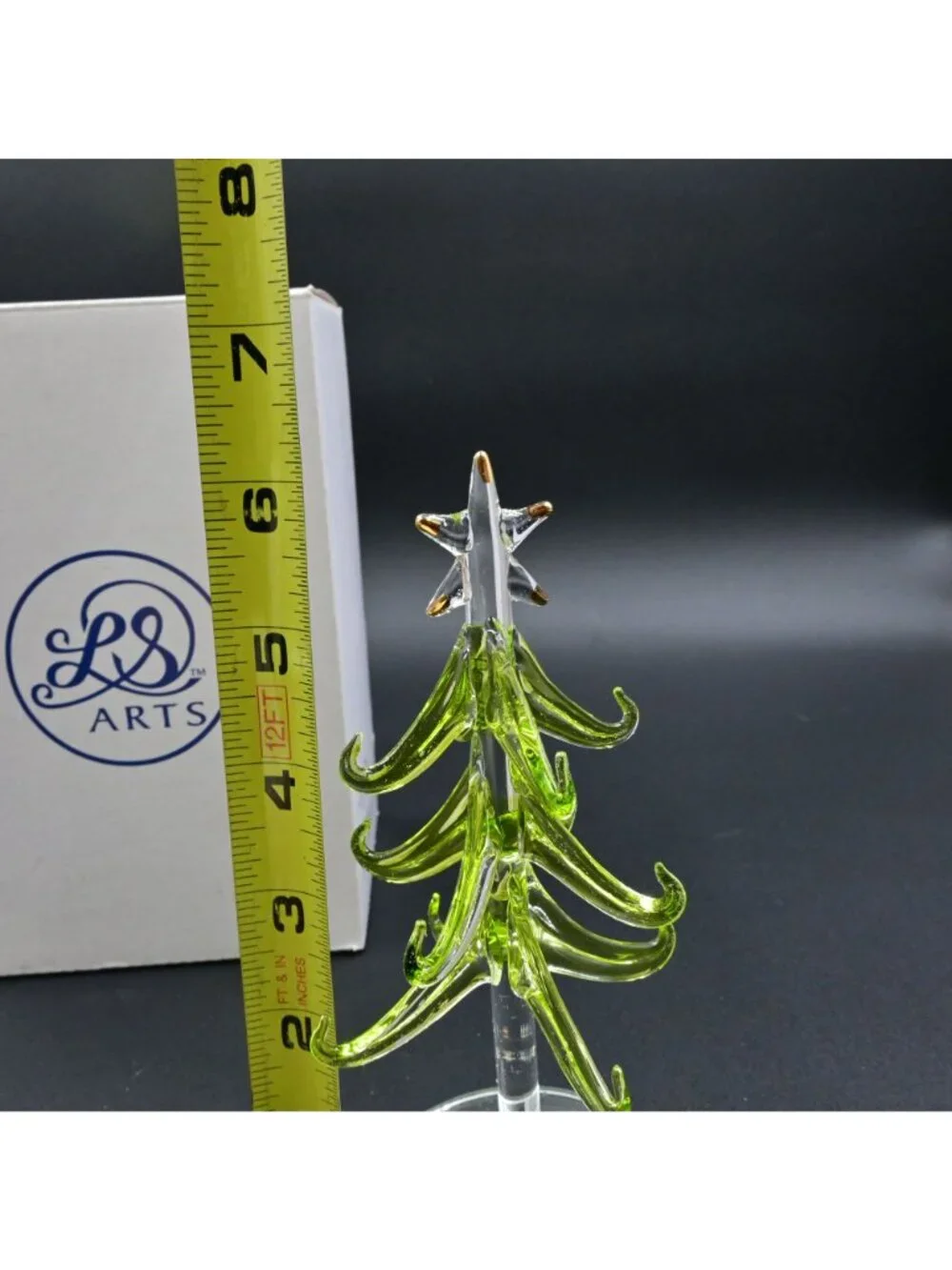 LS Arts Glass Christmas Tree Tabletop Miniature Green with Gold Ornaments Boxed